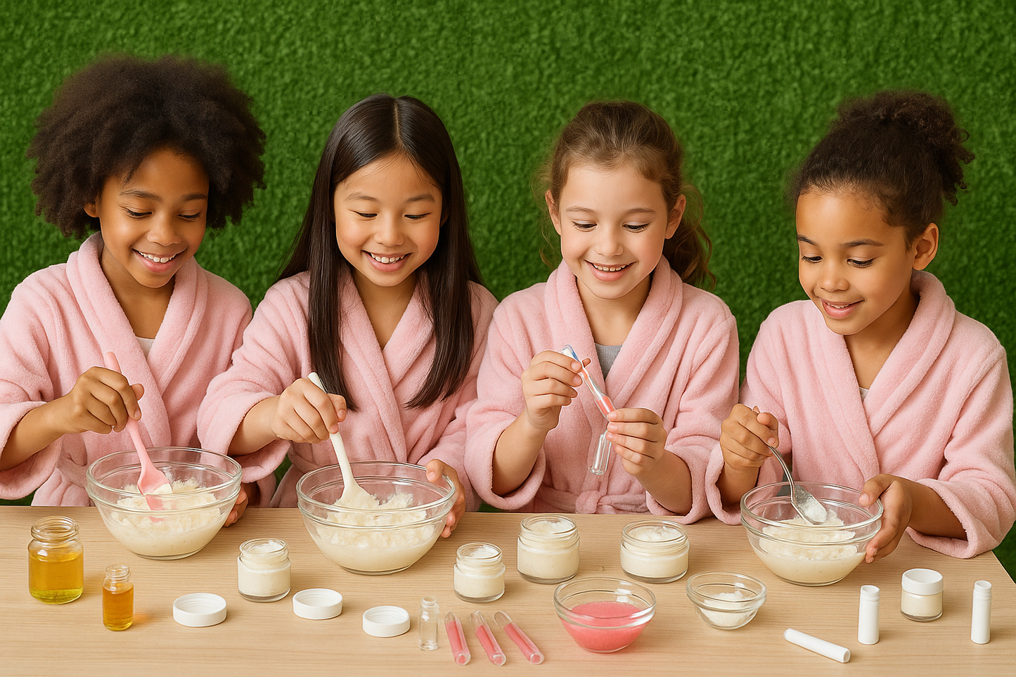 children making body butters and lip gloss in pink robes in front of the grass wall 