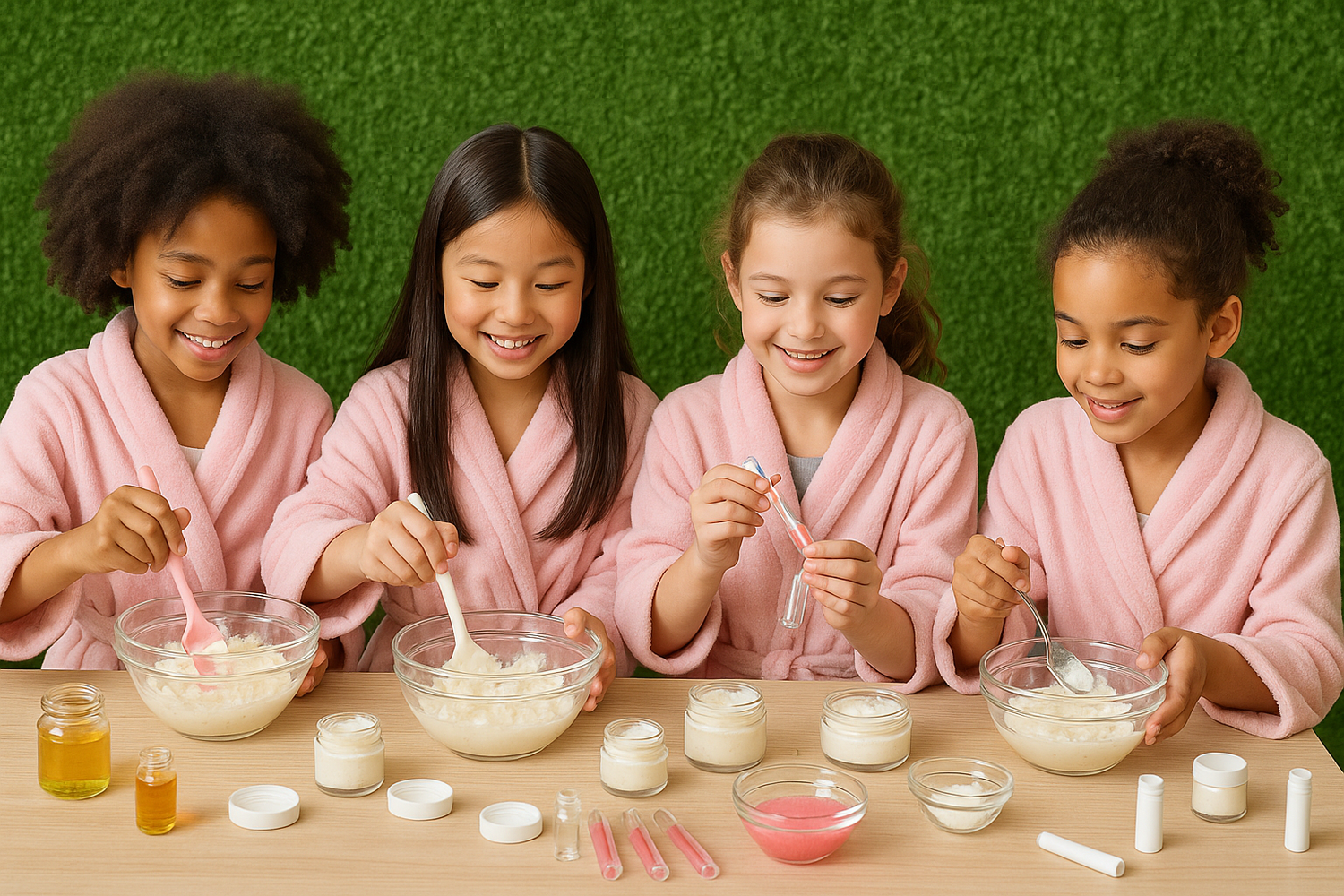children making body butters and lip gloss in pink robes in front of the grass wall 